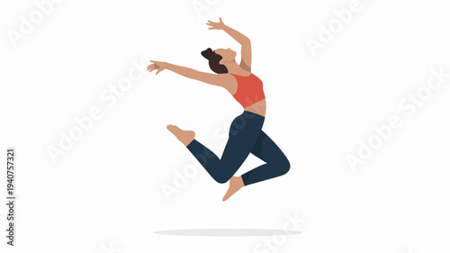 Woman in mid air dance leap arms outstretched dark hair tied back coral top and dark leggings on white background