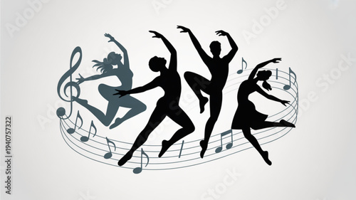 Three dancing silhouettes jumping on musical notes and treble clef on gray background energetic and lively scene