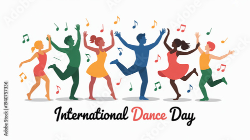 People dancing on international dance day with colorful musical notes
