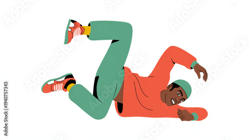 Young man breakdancing on the floor with dynamic movement and energy in a colorful outfit