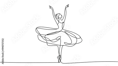 Elegant ballerina dancing en pointe in a beautiful flowing tutu with arms raised in a graceful pose on stage