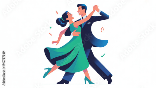 Couple dancing together in formal attire man in dark blue suit and woman in green dress surrounded by musical notes and colorful shapes