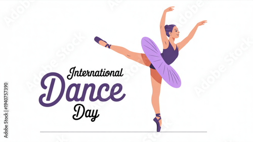 Ballerina dancing on pointe in elegant pose celebrating international dance day with purple tutu and leotard on white background