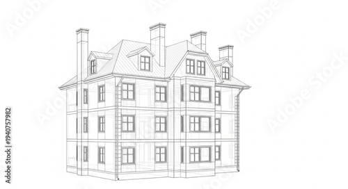 Detailed Architectural Sketch of a Grand Victorian Mansion.