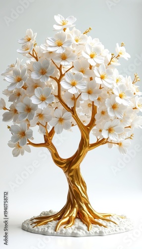 Golden tree sculpture with white blossoms. Intricate branches display delicate flowers. Elegant decorative object symbolizes luxury and beauty. Spring floral art.