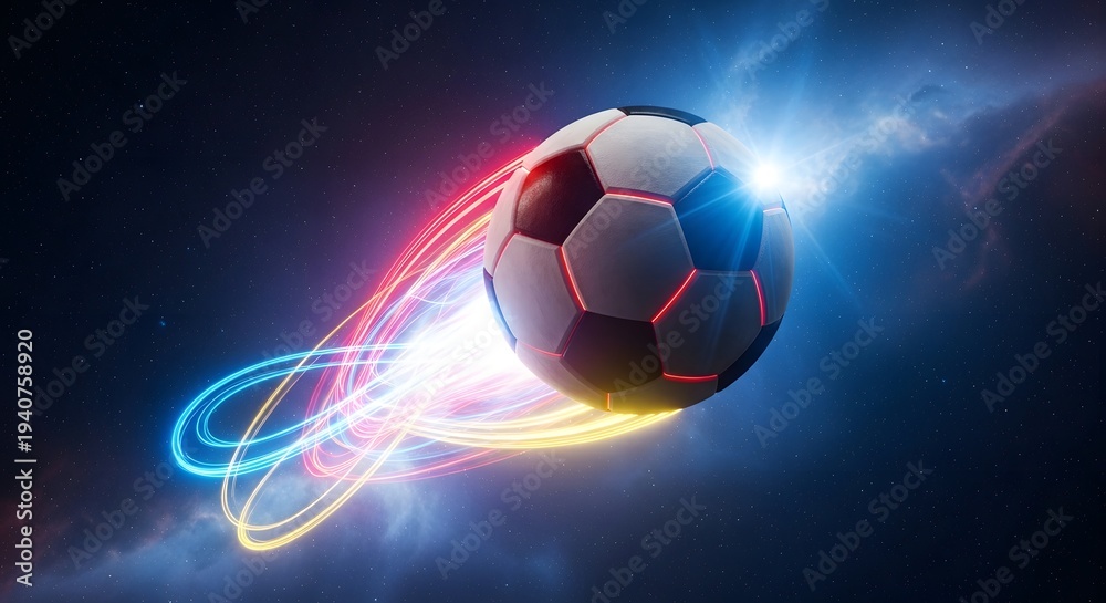 Naklejka premium Soccer ball flying with neon energy trails in cosmic space for sports victory and motion