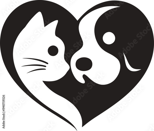 Cute cat and dog face inside heart shape. Pet care and animal love concept suitable for veterinary clinics, pet shops, animal rescue organizations, pet grooming and veterinary branding.