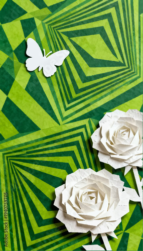 A vector avant-garde illustration of two stylized white roses cut out of textured paper and a white butterfly on an optical illusion background.