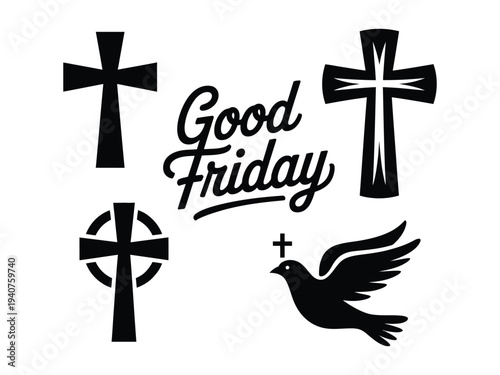 A symbolic representation of Good Friday with various crosses and a dove