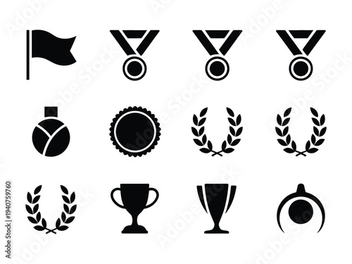 A collection of black icons representing awards and achievements on a white background