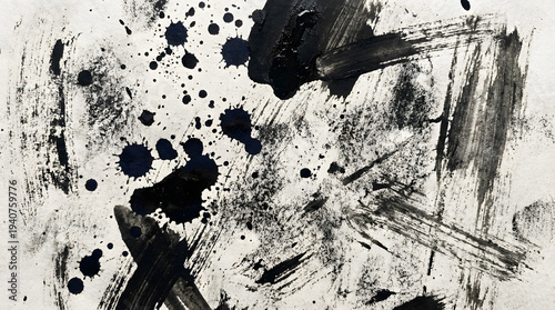 Abstract Black Ink Splatter and Brush Stroke Grunge Texture on Paper Background