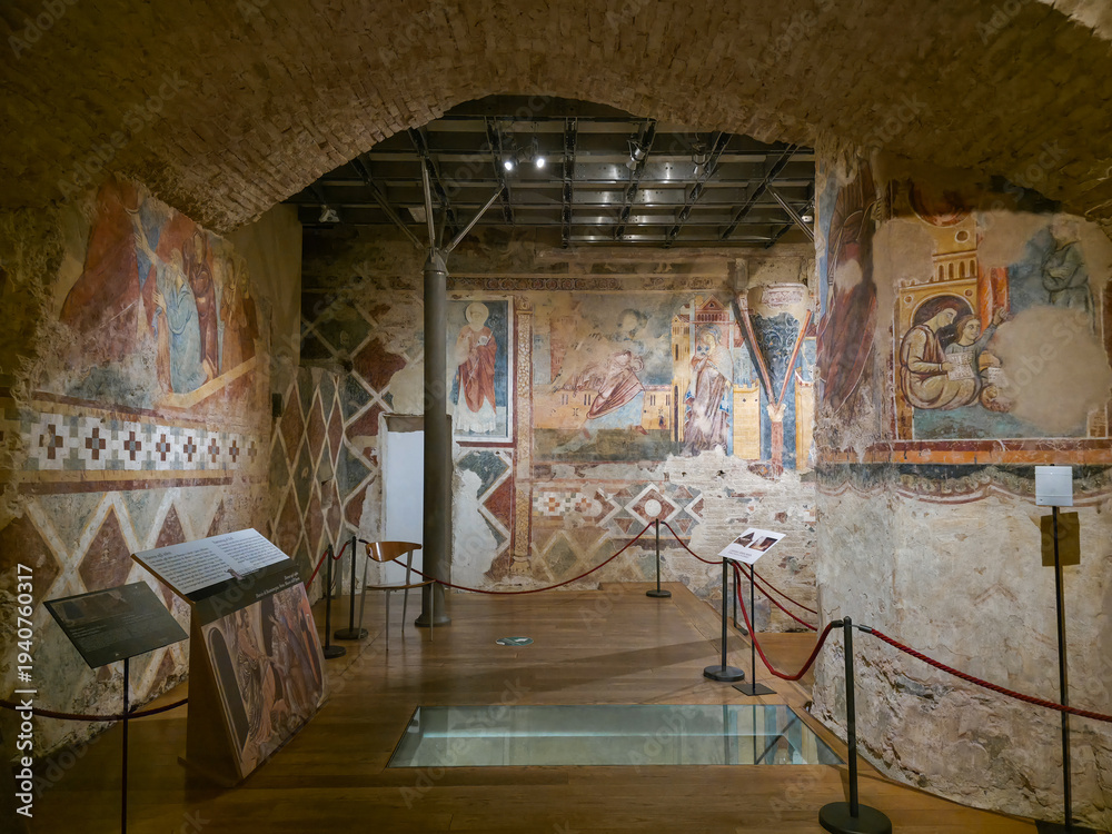 Fototapeta premium Interior of the Medieval Crypt of Siena Cathedral, Italy. Ancient 13th Century Frescoes and Archaeological Site in Duomo di Siena, Tuscany. Historic Religious Art and Underground Architecture