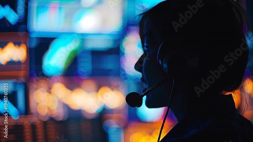 Cinematic close up of a silhouetted woman wearing a headset and speaking in a high-tech control room.