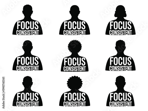 A group of silhouetted people with motivational words focus and consistent on their shirts