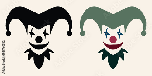 Jester Clown Faces Icons: Black and Green, Smiling, Stylized Harlequin Symbols. Two stylized jester or harlequin faces, one in black and white, the other in green and red, presented side-by-side on a 