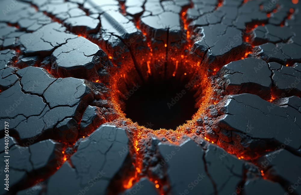 Fototapeta premium Black cracked surface with glowing orange lava beneath. A deep dark hole opens center, spewing bright fiery particles upwards. Abstract texture resembles broken ground, showing inner heat.