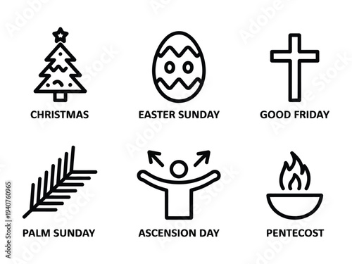 A collection of Christian holiday icons and symbols on a white background