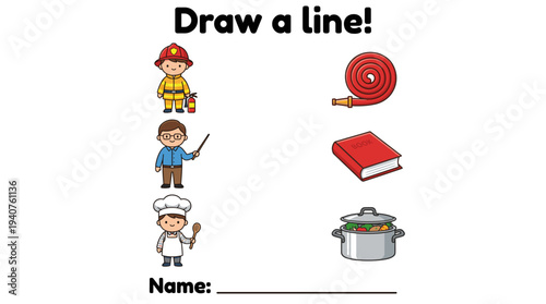 Line-drawing activity sheet for children featuring different professions  
