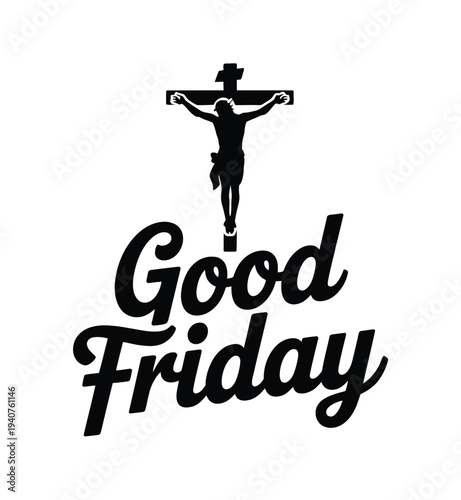 A Good Friday logo featuring a crucifixion scene and text on a white background