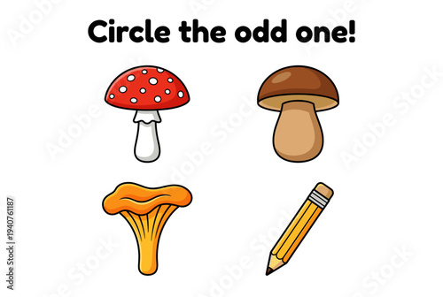 Cartoon mushrooms and pencil with text asking to find the odd one  