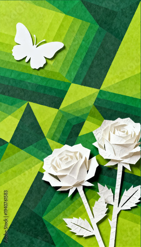 A vector avant-garde illustration of two stylized white roses cut out of textured paper and a white butterfly on an optical illusion background.