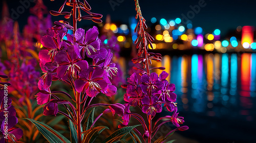 Wallpaper Mural Vibrant Purple Flowers by Water at Night with Colorful City Lights Torontodigital.ca