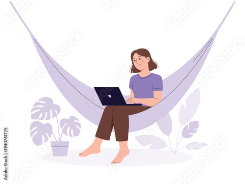 A woman relaxes in a hammock with her laptop, surrounded by plants, enjoying a peaceful moment.