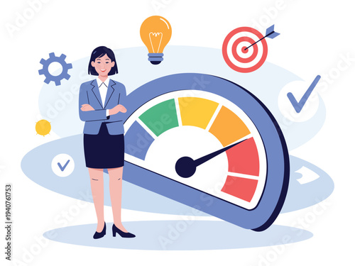 A confident businesswoman standing next to a large speedometer with various symbols surrounding her, representing goal achievement and strategy.