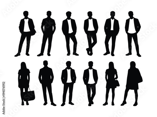 A group of business professionals standing in various poses in black silhouette on a white background