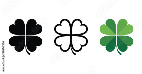 Three stylized shamrock designs in black, white, and green on a clean white background