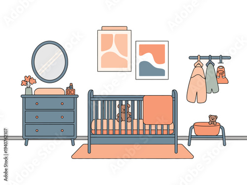 A serene nursery with a blue crib and dresser, adorned with peach and gray accents, creating a peaceful atmosphere for a baby to sleep and grow.