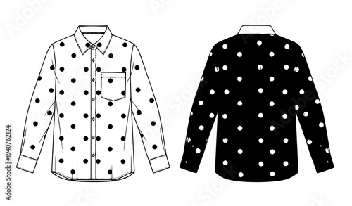 Long Sleeve Polka Dot Shirt Technical Fashion Illustration Flat CAD Template