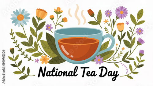 National tea day celebration with steaming cup surrounded by colorful flowers and leaves on white background