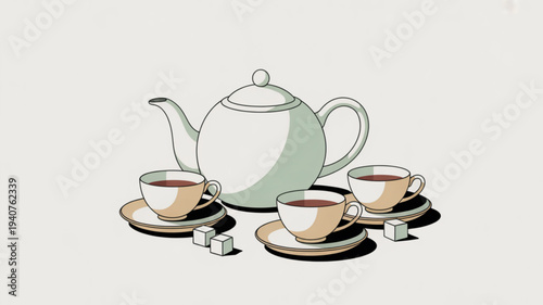 Tea time setup with teapot and cups on saucers with sugar cubes on a table