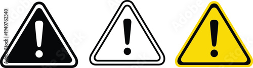 Three triangular warning signs with different colors and exclamation symbols inside Vector
