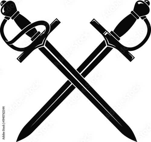 Two crossed swords with ornate hilts and black blades against a plain background Vector