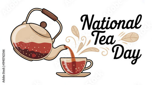 National tea day celebration with a teapot pouring tea into a cup on a saucer symbolizing a warm beverage tradition
