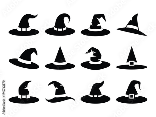 A collection of black witch hats in various styles and angles on a white background for Halloween or magic themes