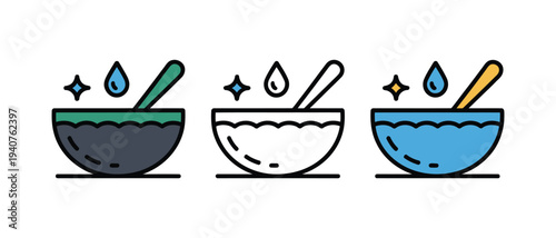 A set of colorful bowls with spoons and water droplets on a white background