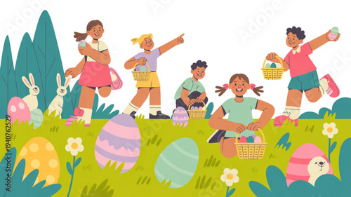 Children happily searching for easter eggs in a lush green meadow with flowers and a white easter bunny