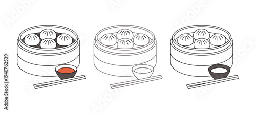 A set of steaming dim sum baskets with chopsticks and dipping sauce