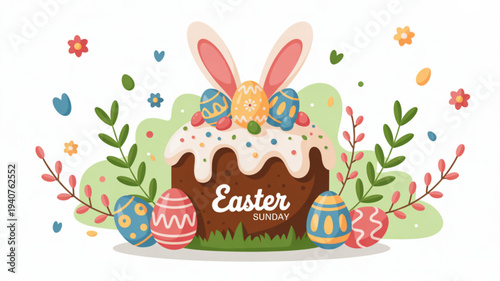 Colorful easter bunny cake with eggs and flowers on a white background for spring holiday celebration