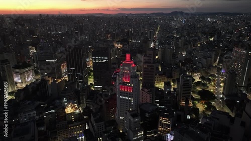 Sunset Santander Lighthouse In Sao Paulo Brazil. High Rise Building And Busy Traffic In Downtown Cityscape. Building Construction Skyline Company Building Awesome.