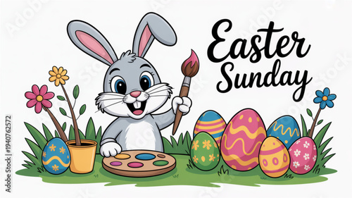 Easter bunny painting colorful eggs on a palette with flowers on grass