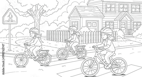 Kids riding bikes on sidewalk coloring page for children