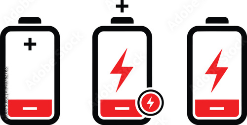 Three battery icons depicting different charging and power states visually Vector