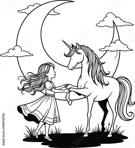 Magical unicorn and girl under moonlight coloring page for kids