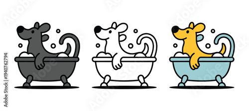 Three cartoon dogs taking a bath in colorful tubs with soap bubbles