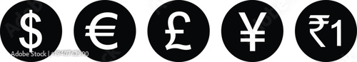 Collection of five globally recognized currency symbols displayed in black circles Vector
