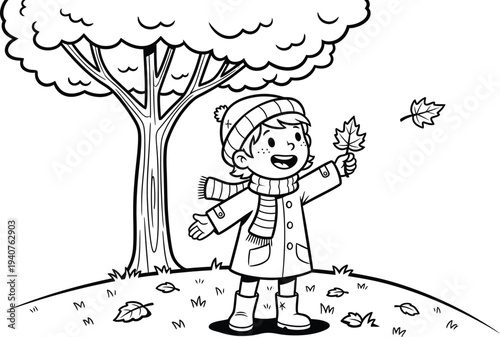 Free autumn coloring page for kids with child and tree